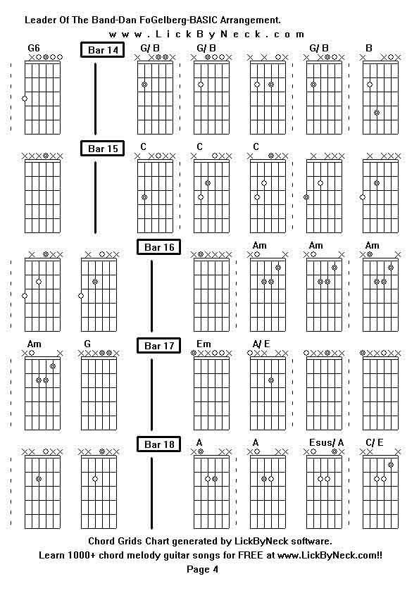 Chord Grids Chart of chord melody fingerstyle guitar song-Leader Of The Band-Dan FoGelberg-BASIC Arrangement,generated by LickByNeck software.